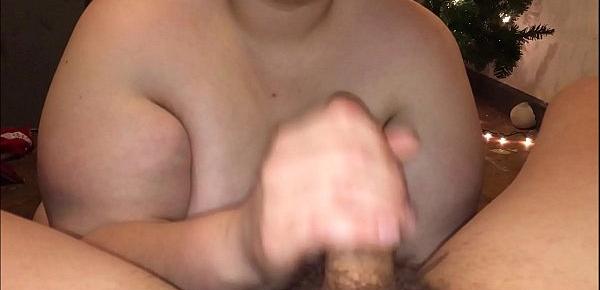  Big tits girl get naked showing off her 48DDD tits then start jacking off her sister boyfriend using her spit shooting his cum all over her huge tits and nipples